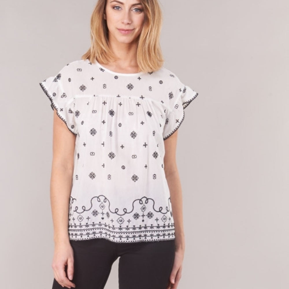 SCOTCH & SODA White Blouse Black Floral Embroidered Size XS